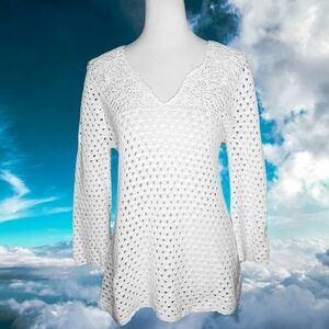 Jones New York Signature Cotton & Linen Blend White Open Stitch Crochet Tunic